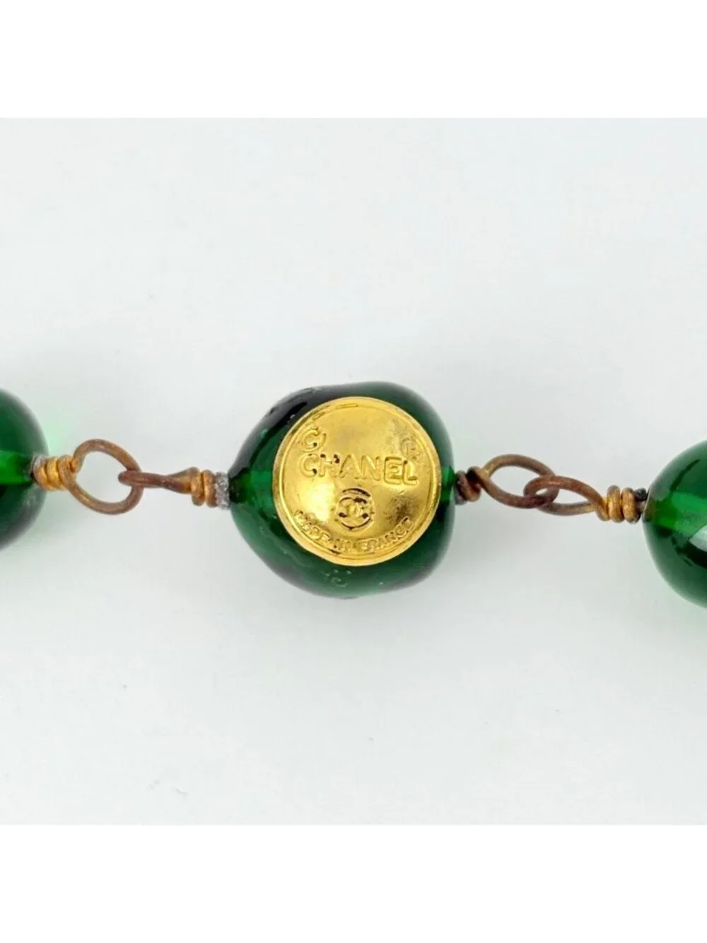 Chanel Necklace CC Logo Color Stone Long Gold Plated Green